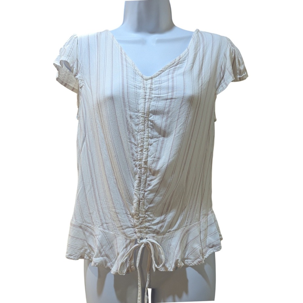 Sim & Sam Womens Striped Cinched Front Peplum Blouse White Tan V-Neck Size M